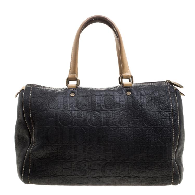 Pre Owned Carolina Herrera Black Monogram Leather Large Andy Boston Bag