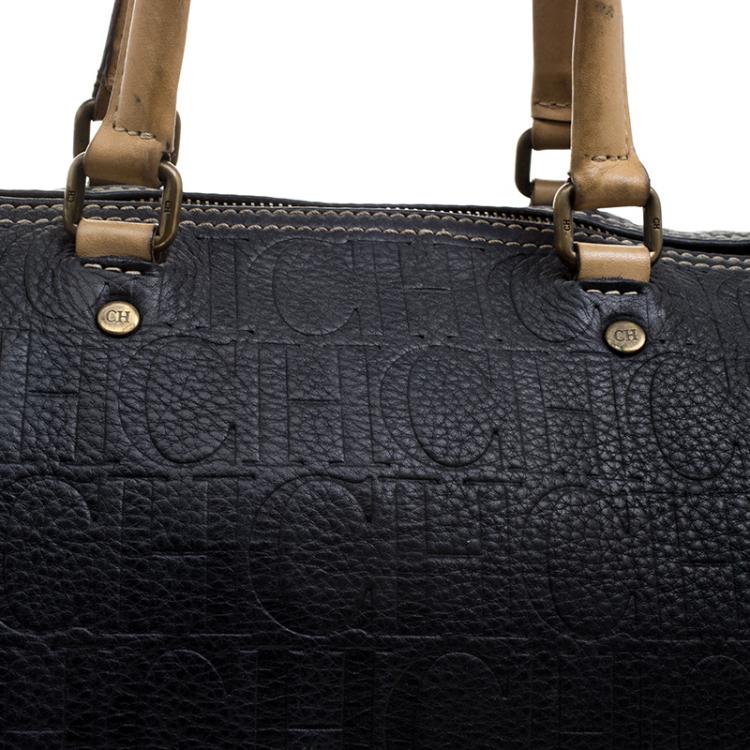 Pre Owned Carolina Herrera Black Monogram Leather Large Andy Boston Bag