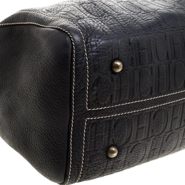 Pre Owned Carolina Herrera Black Monogram Leather Large Andy Boston Bag