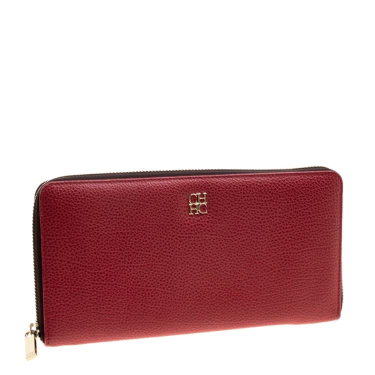 Pre Owned Carolina Herrera Red Leather Zip Around Wallet 