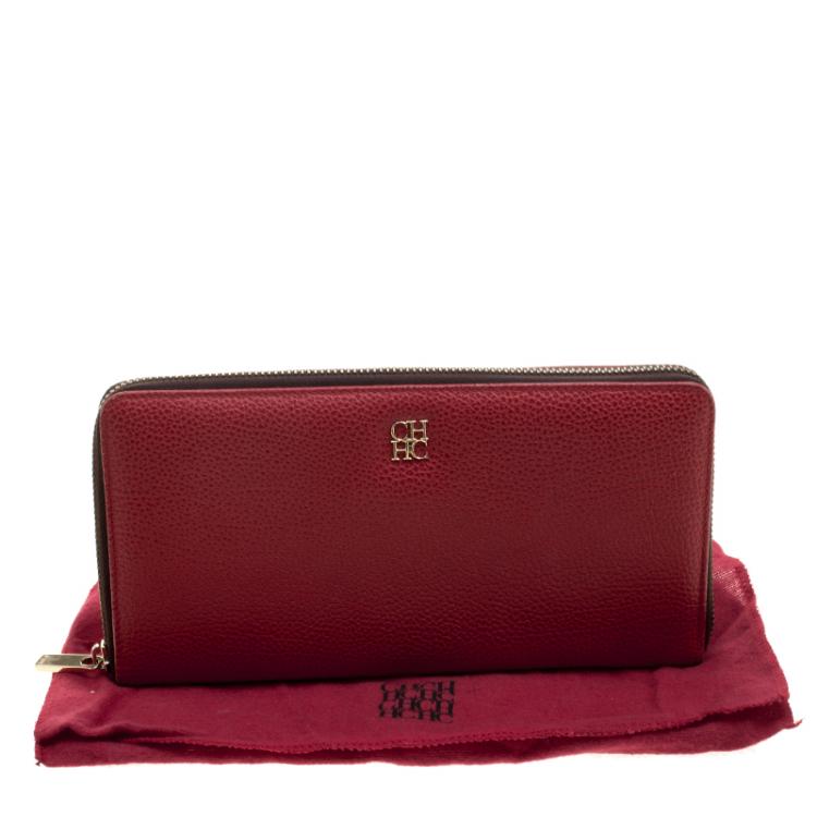 Pre Owned Carolina Herrera Red Leather Zip Around Wallet 