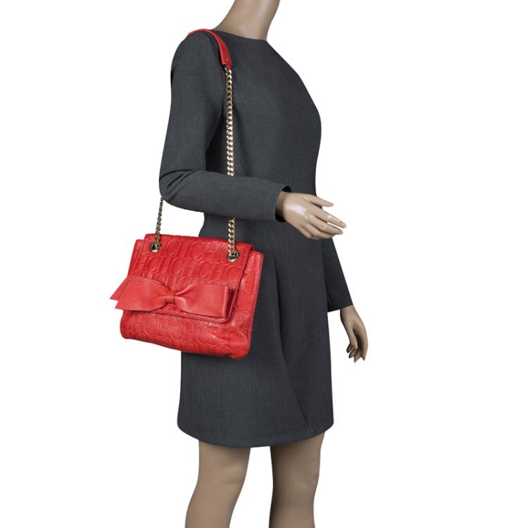 Pre Owned Carolina Herrera Red Monogram Leather Audrey Shoulder Bag