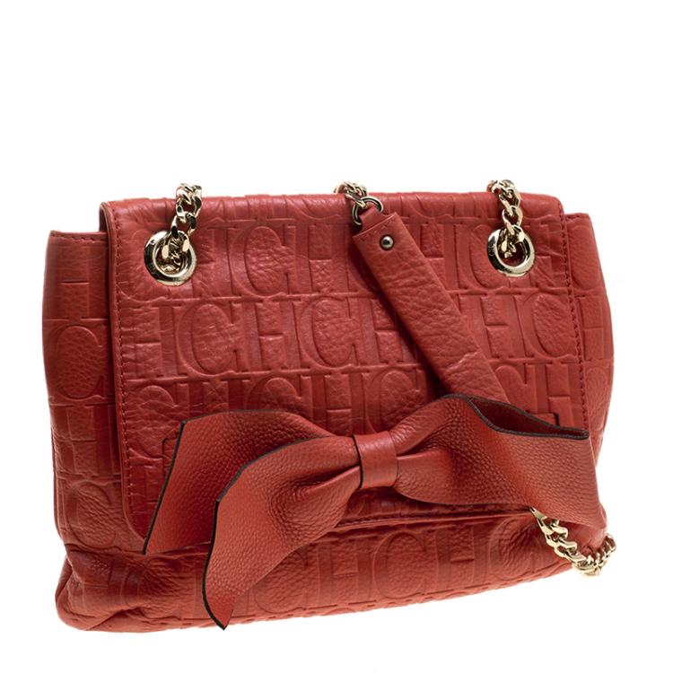 Pre Owned Carolina Herrera Red Monogram Leather Audrey Shoulder Bag