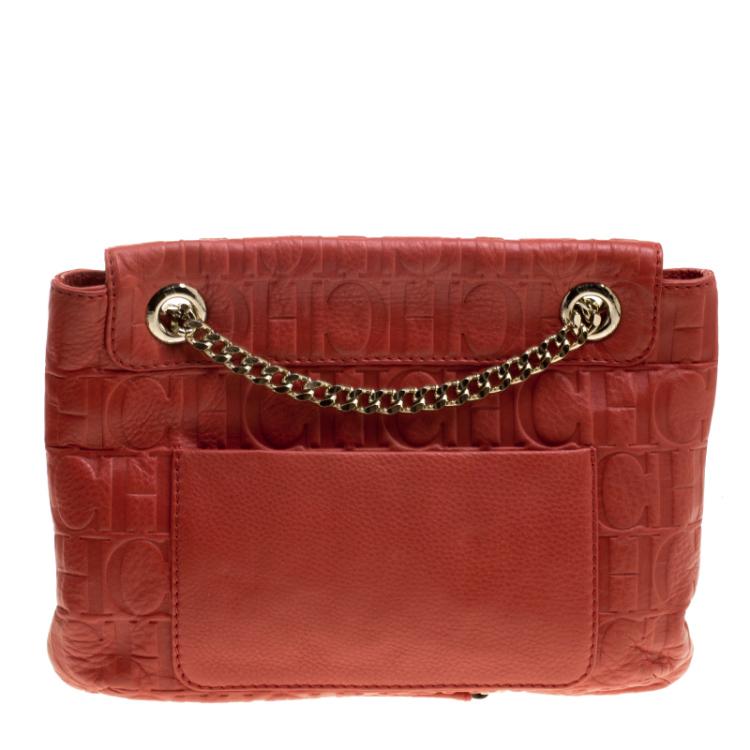 Pre Owned Carolina Herrera Red Monogram Leather Audrey Shoulder Bag