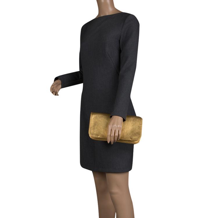 Pre Owned Carolina Herrera Gold Leather Flap Clutch