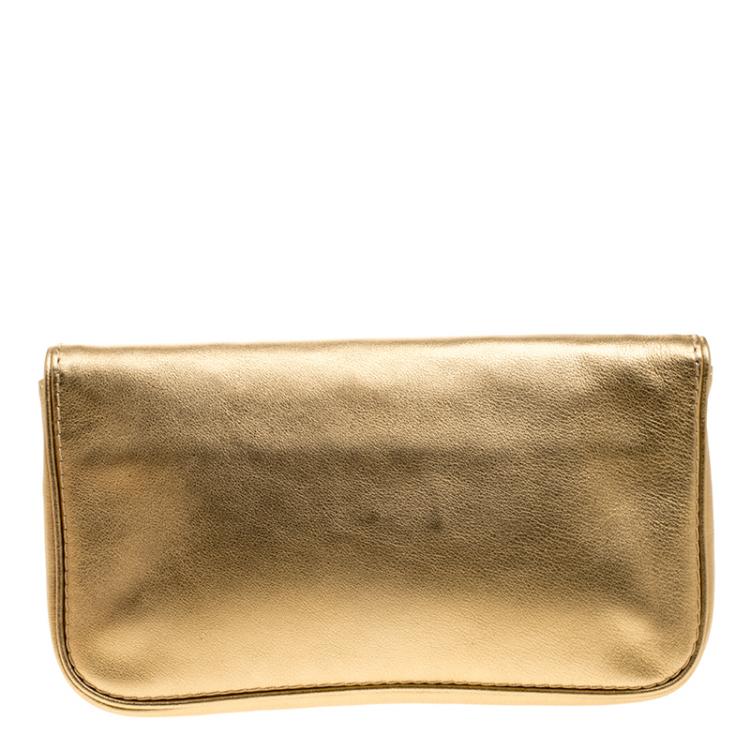 Pre Owned Carolina Herrera Gold Leather Flap Clutch