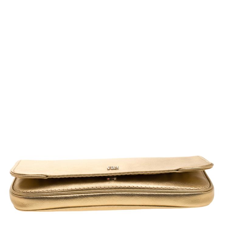 Pre Owned Carolina Herrera Gold Leather Flap Clutch