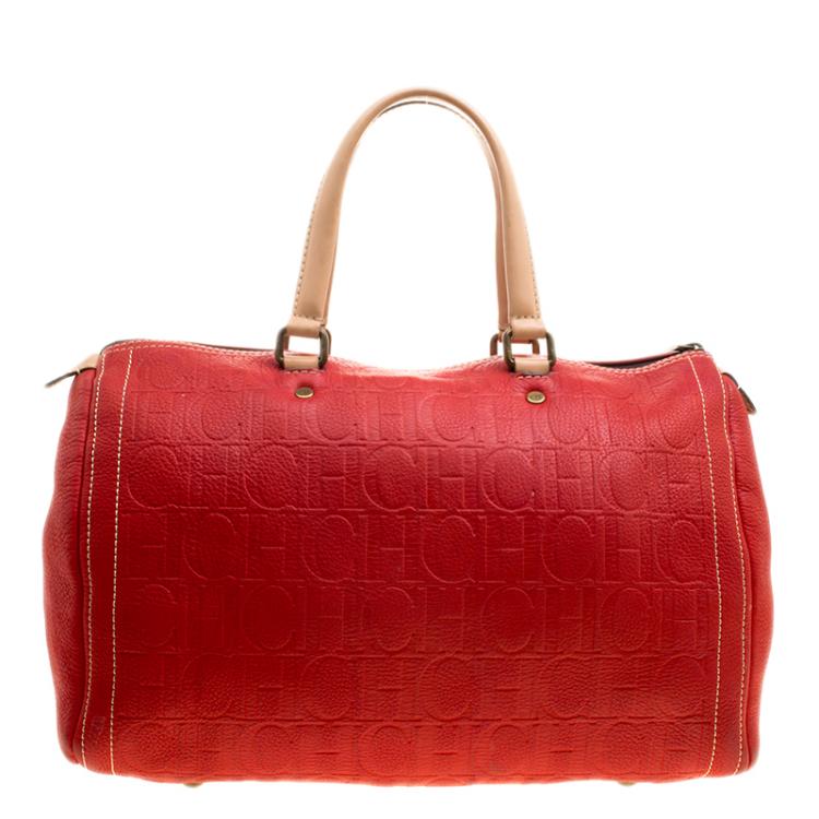 Pre Owned Carolina Herrera Red Monogram Leather large Andy Boston Bag