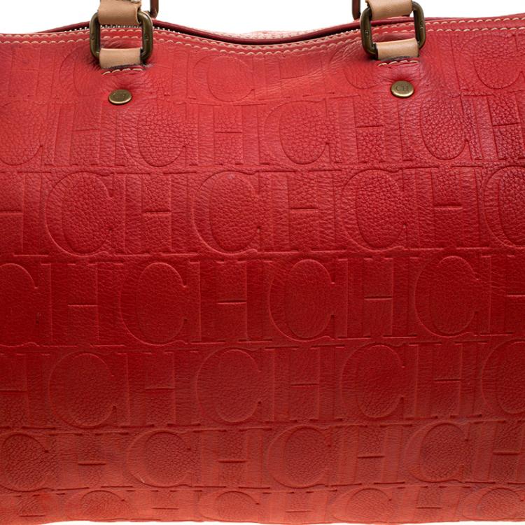 Pre Owned Carolina Herrera Red Monogram Leather large Andy Boston Bag