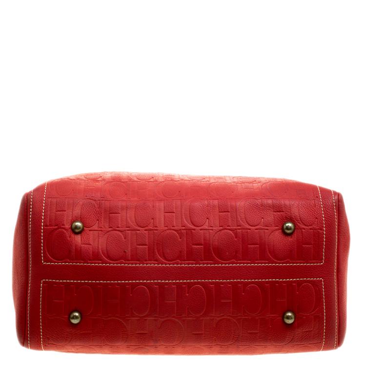 Pre Owned Carolina Herrera Red Monogram Leather large Andy Boston Bag