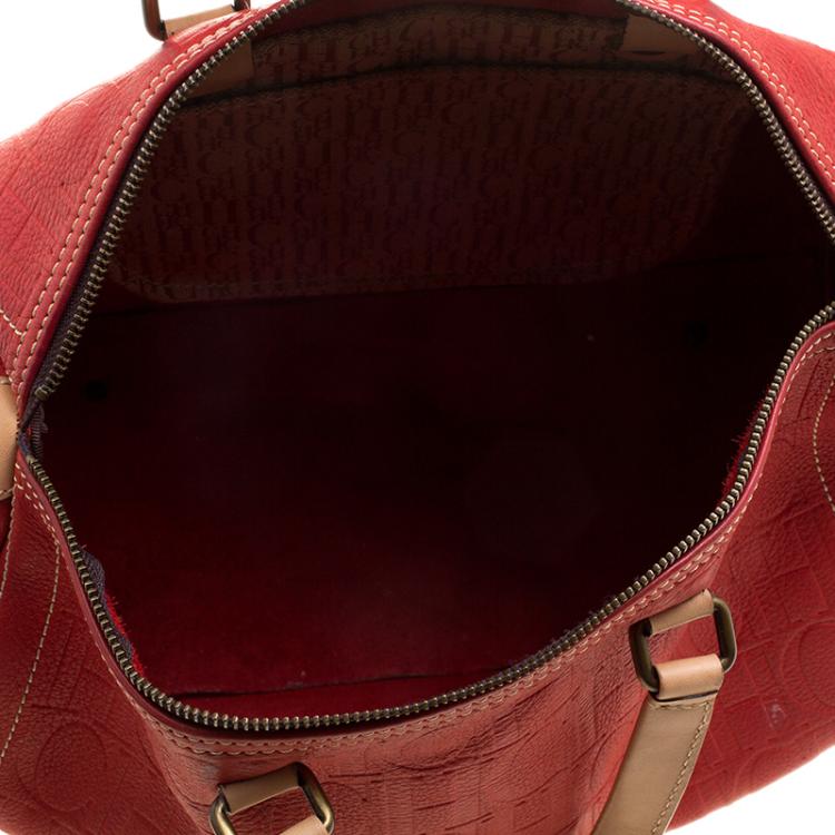 Pre Owned Carolina Herrera Red Monogram Leather large Andy Boston Bag