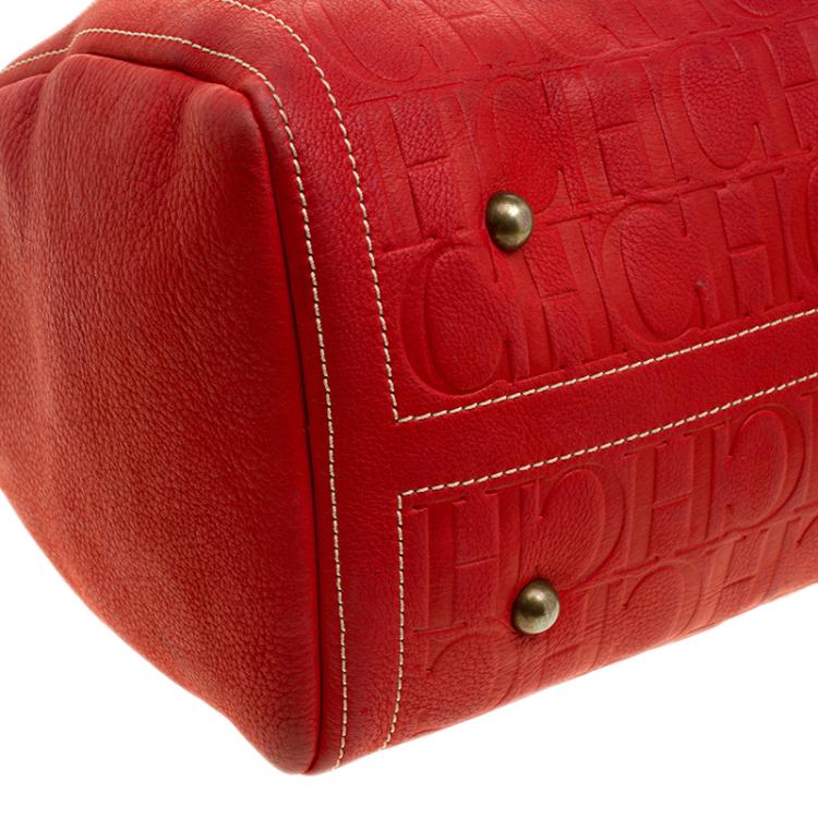 Pre Owned Carolina Herrera Red Monogram Leather large Andy Boston Bag