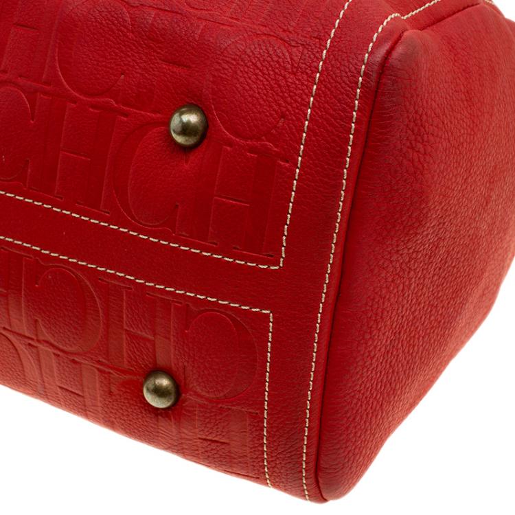 Pre Owned Carolina Herrera Red Monogram Leather large Andy Boston Bag
