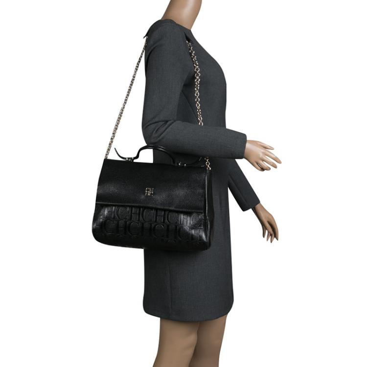 Pre Owned Carolina Herrera Black Monogram Leather Top Handle Shoulder Bag