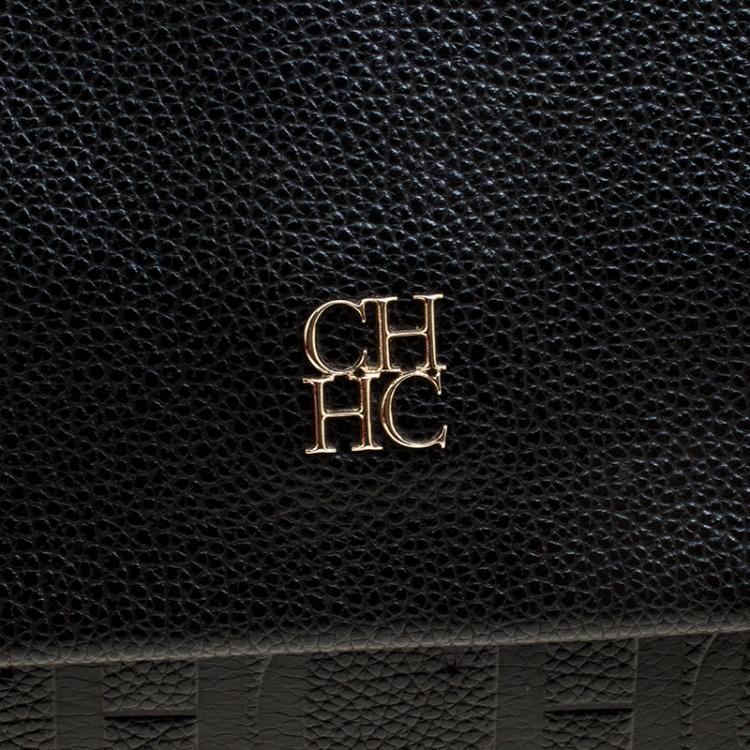 Pre Owned Carolina Herrera Black Monogram Leather Top Handle Shoulder Bag