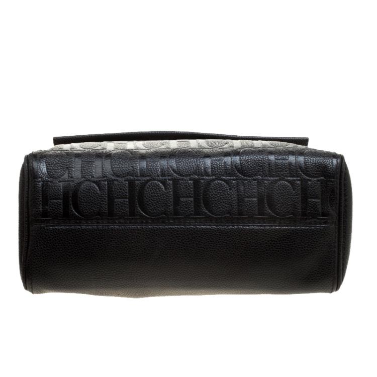 Pre Owned Carolina Herrera Black Monogram Leather Top Handle Shoulder Bag