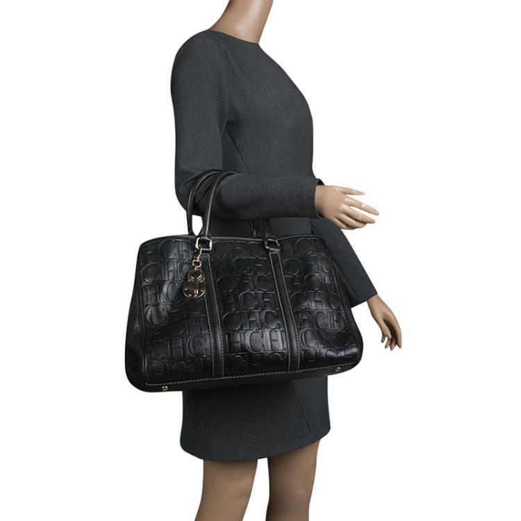 Pre Owned Carolina Herrera Black Monogram Leather Matteo Tote
