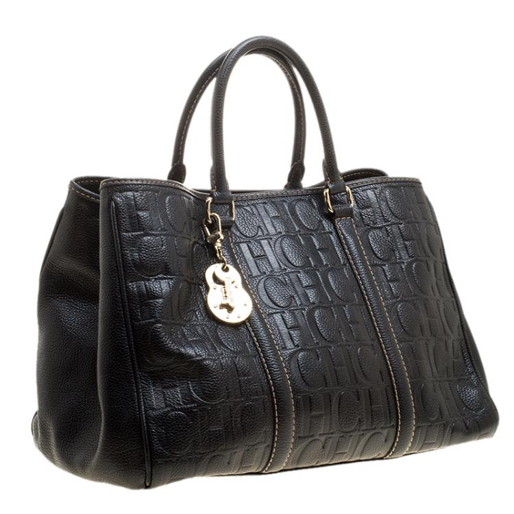 Pre Owned Carolina Herrera Black Monogram Leather Matteo Tote