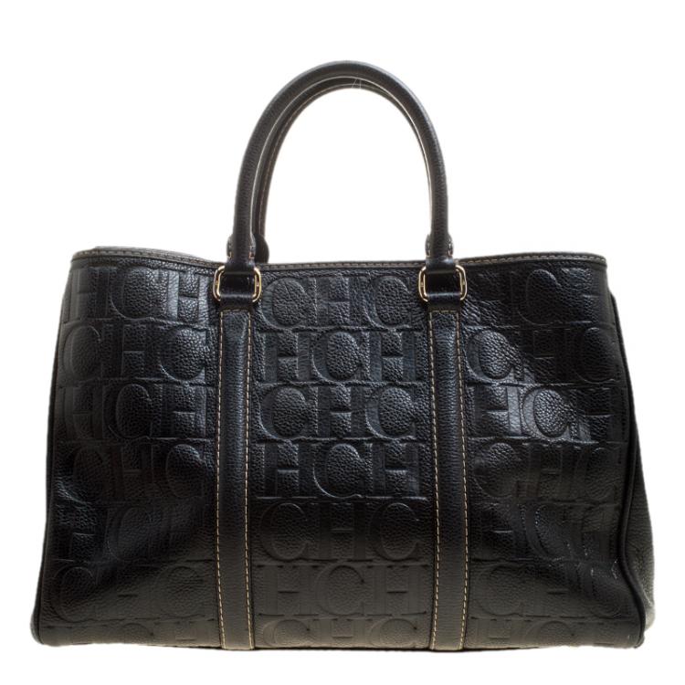 Pre Owned Carolina Herrera Black Monogram Leather Matteo Tote