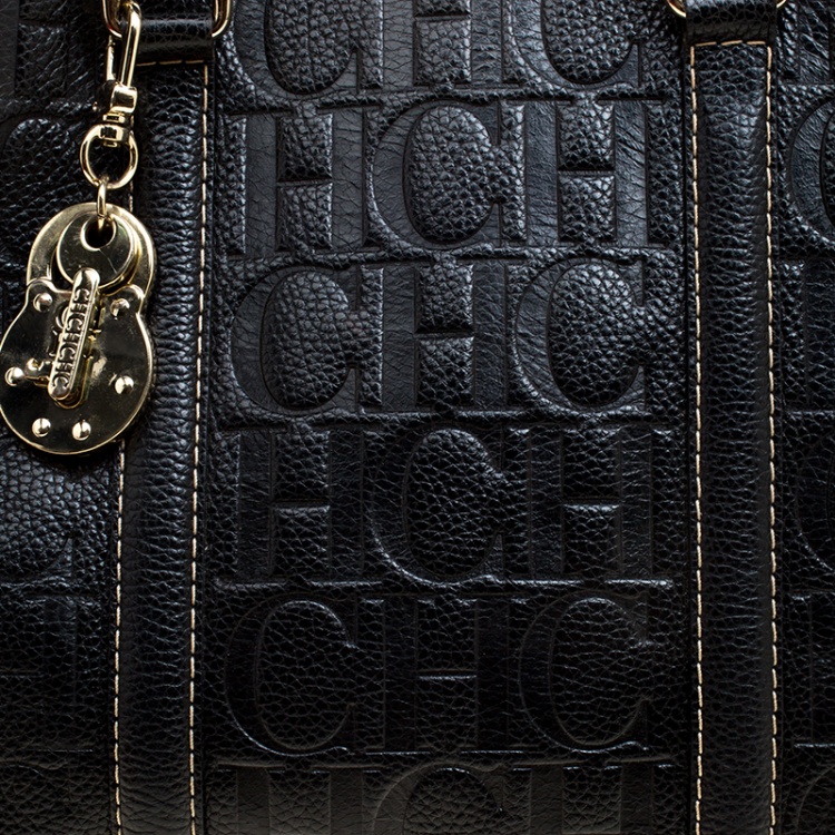 Pre Owned Carolina Herrera Black Monogram Leather Matteo Tote