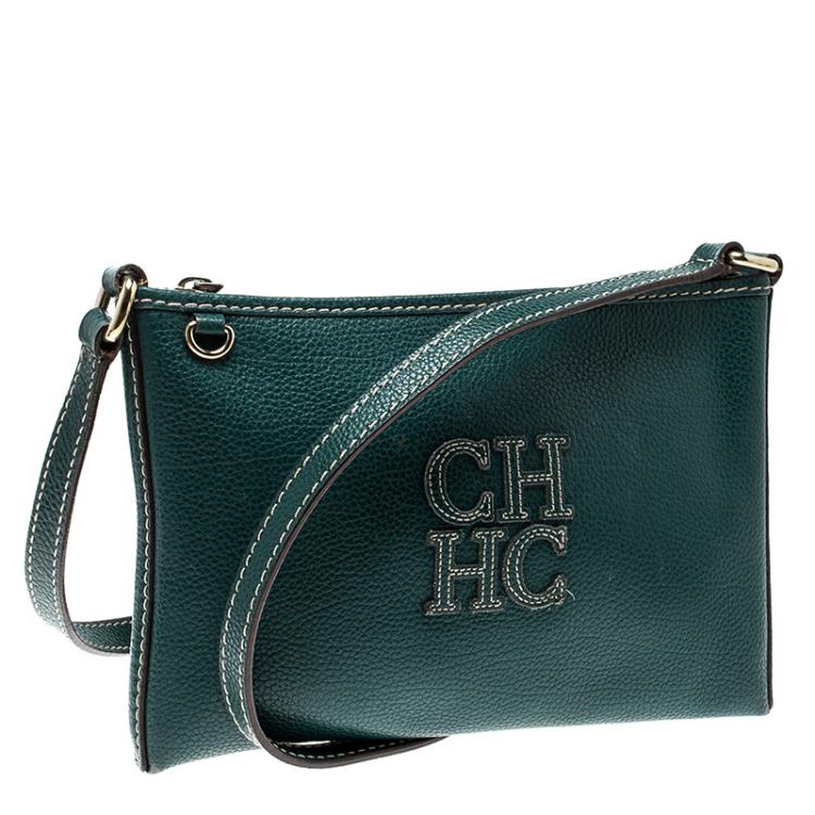 Pre Owned Carolina Herrera Green Leather Logo CH Crossbody