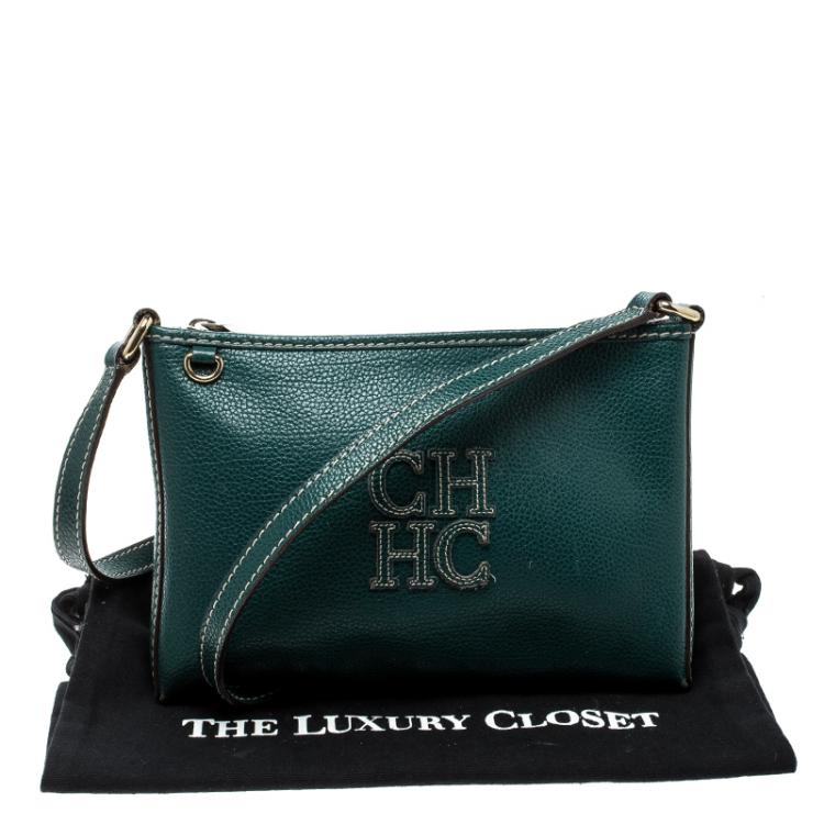 Pre Owned Carolina Herrera Green Leather Logo CH Crossbody