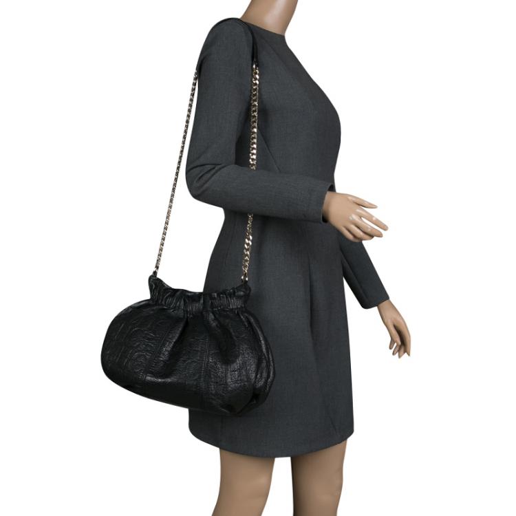 Pre Owned Carolina Herrera Black Monogram Leather Drawstring Shoulder Bag