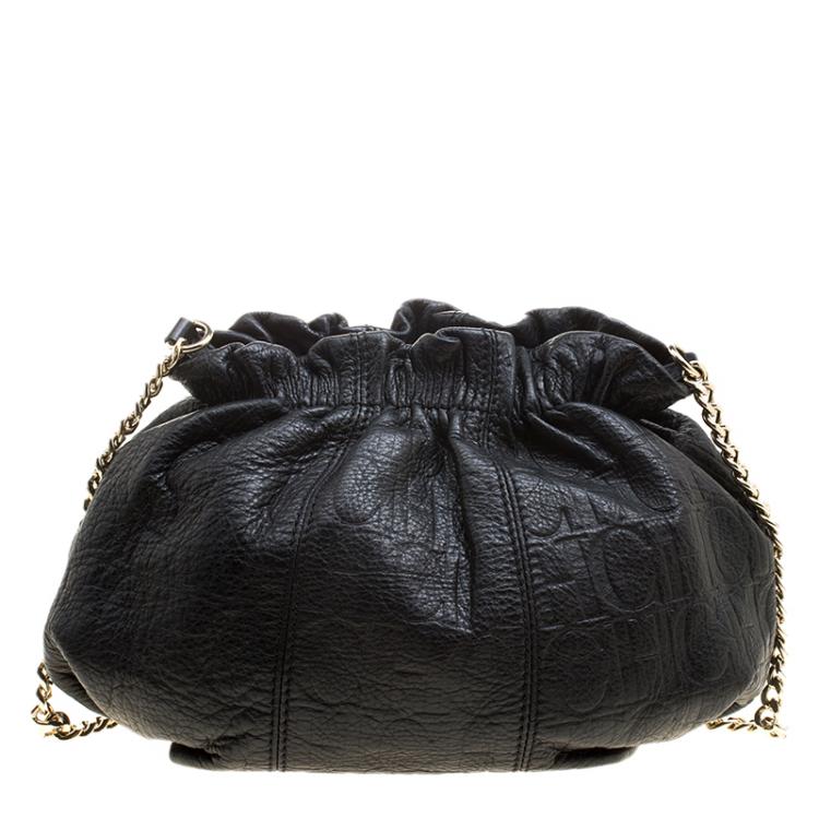 Pre Owned Carolina Herrera Black Monogram Leather Drawstring Shoulder Bag