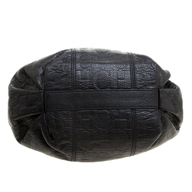 Pre Owned Carolina Herrera Black Monogram Leather Drawstring Shoulder Bag