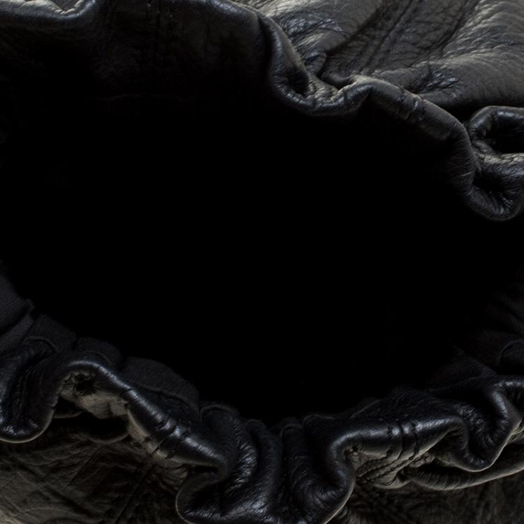 Pre Owned Carolina Herrera Black Monogram Leather Drawstring Shoulder Bag