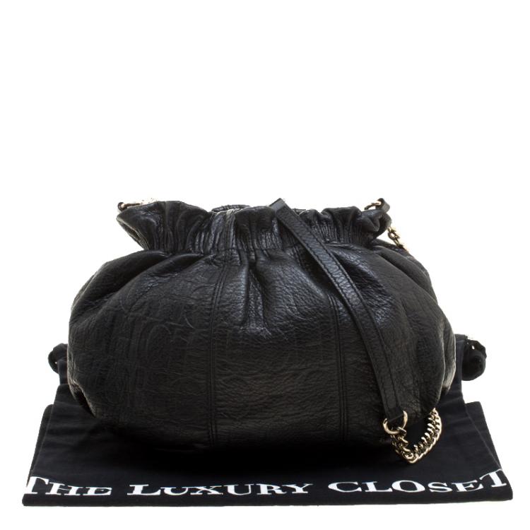 Pre Owned Carolina Herrera Black Monogram Leather Drawstring Shoulder Bag