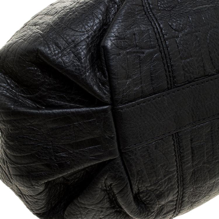 Pre Owned Carolina Herrera Black Monogram Leather Drawstring Shoulder Bag