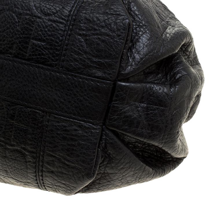 Pre Owned Carolina Herrera Black Monogram Leather Drawstring Shoulder Bag