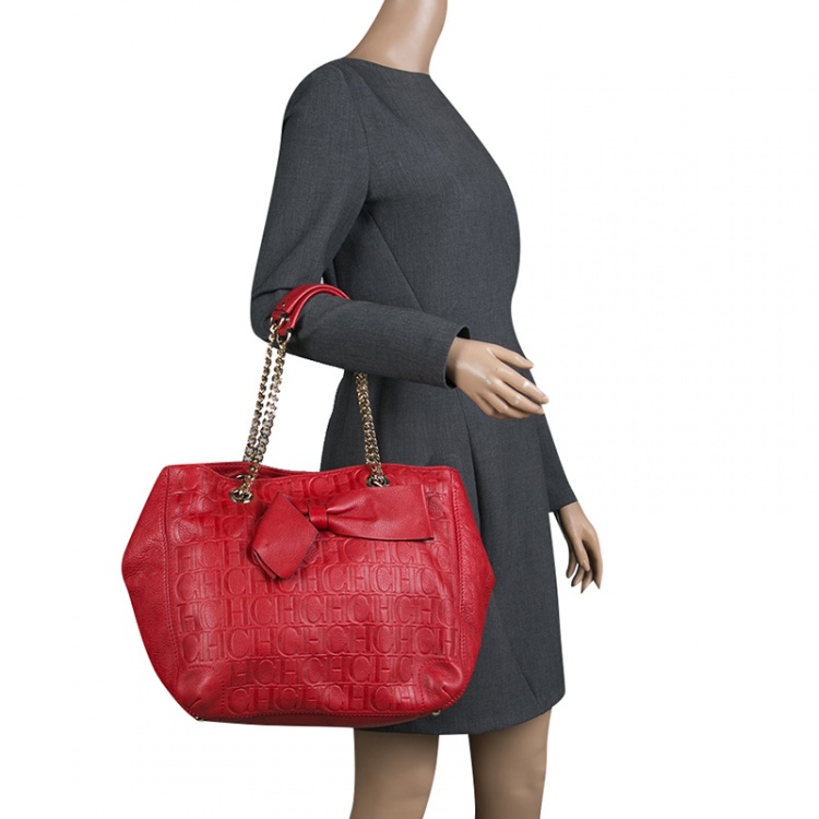 Pre Owned Carolina Herrera Red Monogram Leather Audrey Tote