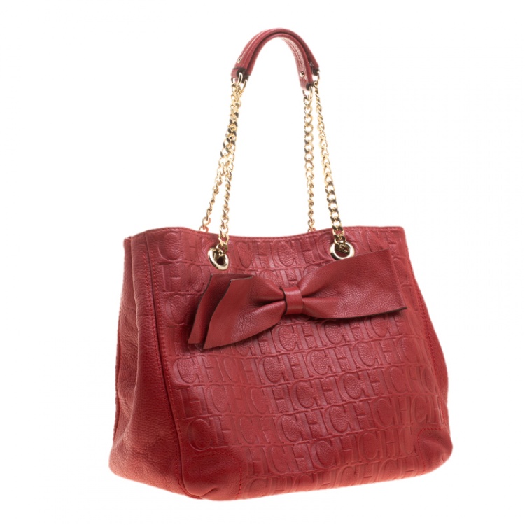 Pre Owned Carolina Herrera Red Monogram Leather Audrey Tote