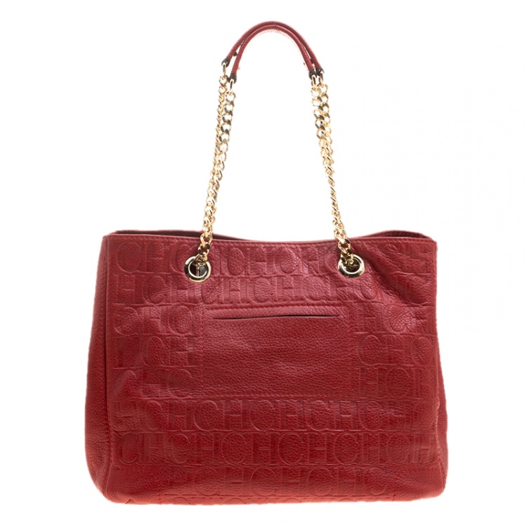 Pre Owned Carolina Herrera Red Monogram Leather Audrey Tote