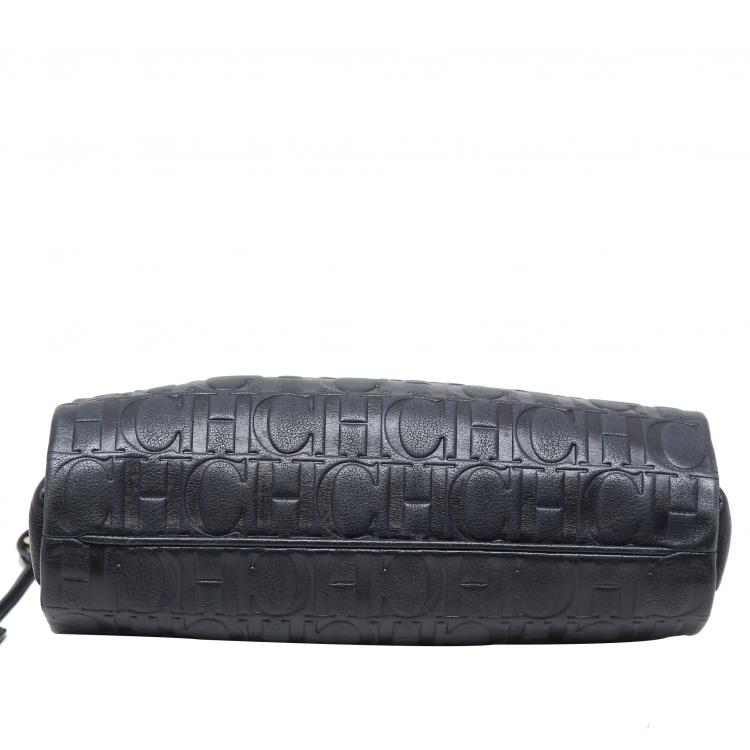 Pre Owned Carolina Herrera Black Monogram Embossed Leather Chain Shoulder Bag