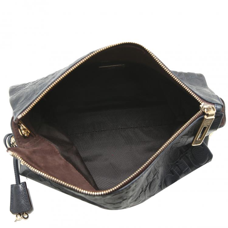 Pre Owned Carolina Herrera Black Monogram Embossed Leather Chain Shoulder Bag