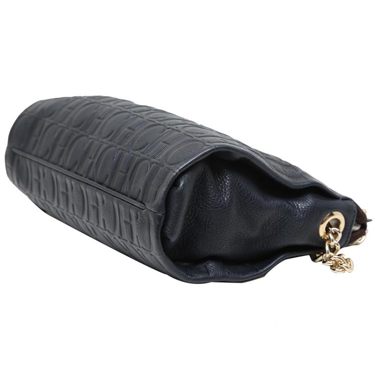 Pre Owned Carolina Herrera Black Monogram Embossed Leather Chain Shoulder Bag