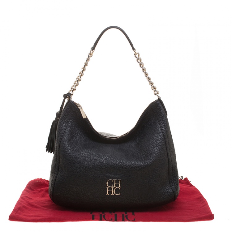 Pre Owned Carolina Herrera Black Pebbled Leather Hobo