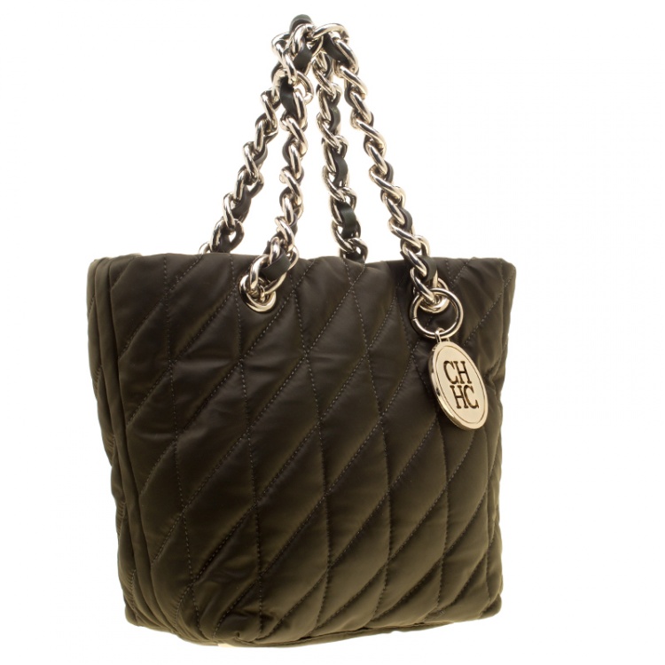 Pre Owned Carolina Herrera Dark Green Quilted Nylon Tote