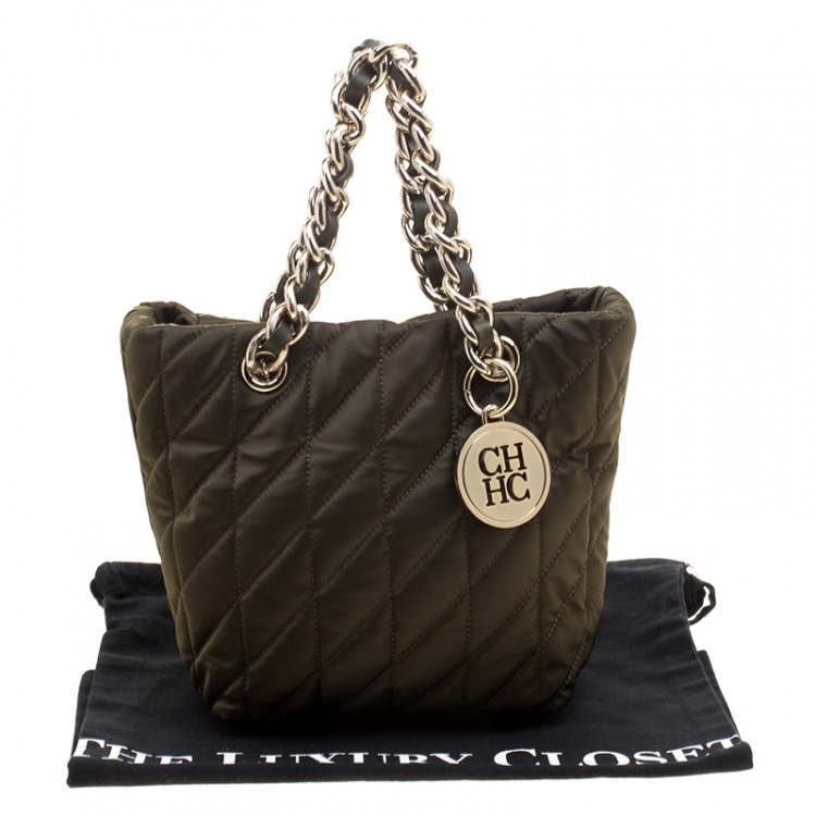 Pre Owned Carolina Herrera Dark Green Quilted Nylon Tote
