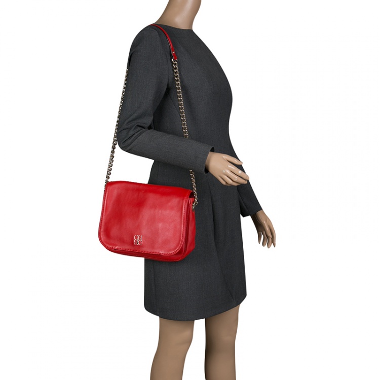 Pre Owned Carolina Herrera Red Leather New Baltazar Flap Shoulder Bag