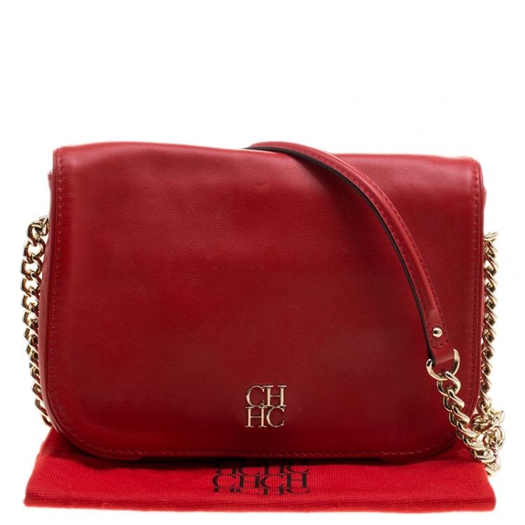 Pre Owned Carolina Herrera Red Leather New Baltazar Flap Shoulder Bag