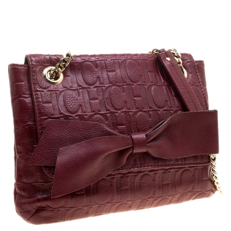 Pre Owned Carolina Herrera Burgundy Monogram Leather Audrey Shoulder Bag