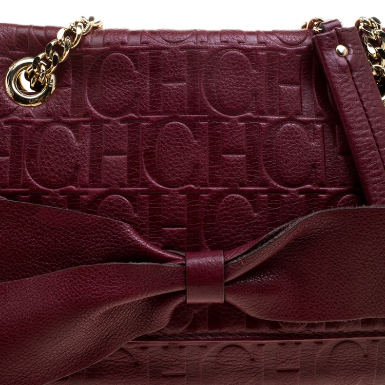 Pre Owned Carolina Herrera Burgundy Monogram Leather Audrey Shoulder Bag