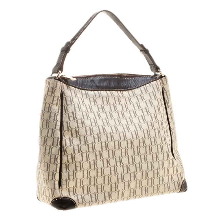 Pre Owned Carolina Herrera Light Beige/Dark Brown Monogram Coated Canvas Hobo