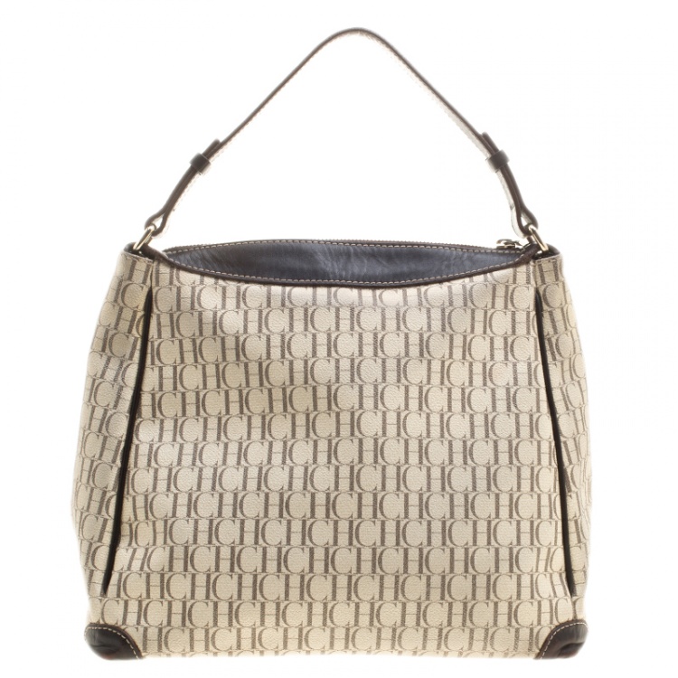 Pre Owned Carolina Herrera Light Beige/Dark Brown Monogram Coated Canvas Hobo