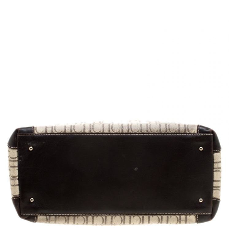 Pre Owned Carolina Herrera Light Beige/Dark Brown Monogram Coated Canvas Hobo