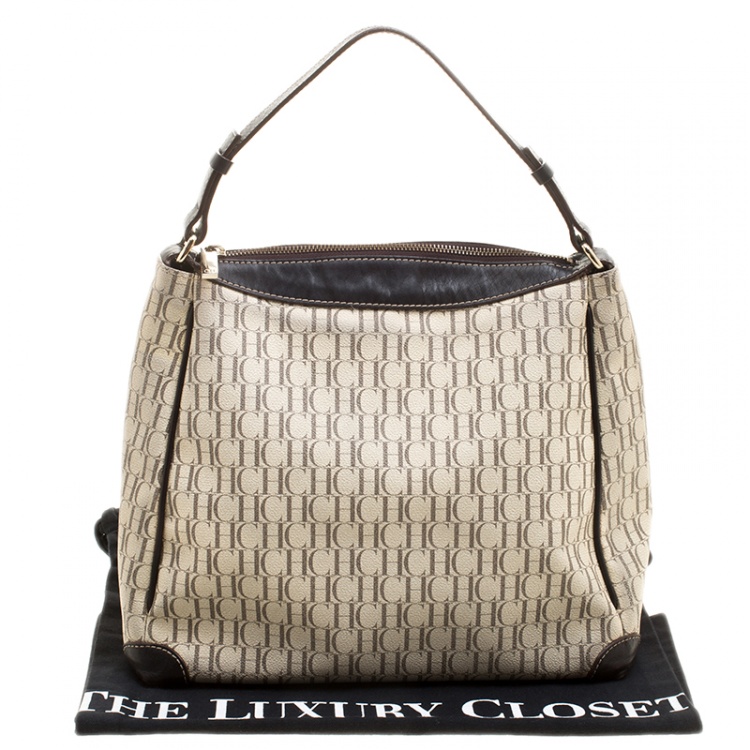 Pre Owned Carolina Herrera Light Beige/Dark Brown Monogram Coated Canvas Hobo